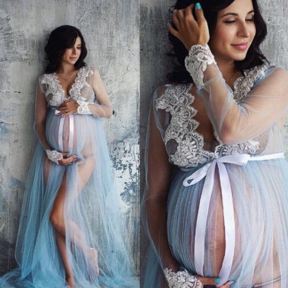 Baby Blue Maternity Photoshoot Lace on Mesh Gown Robe - Picture 1 of 10